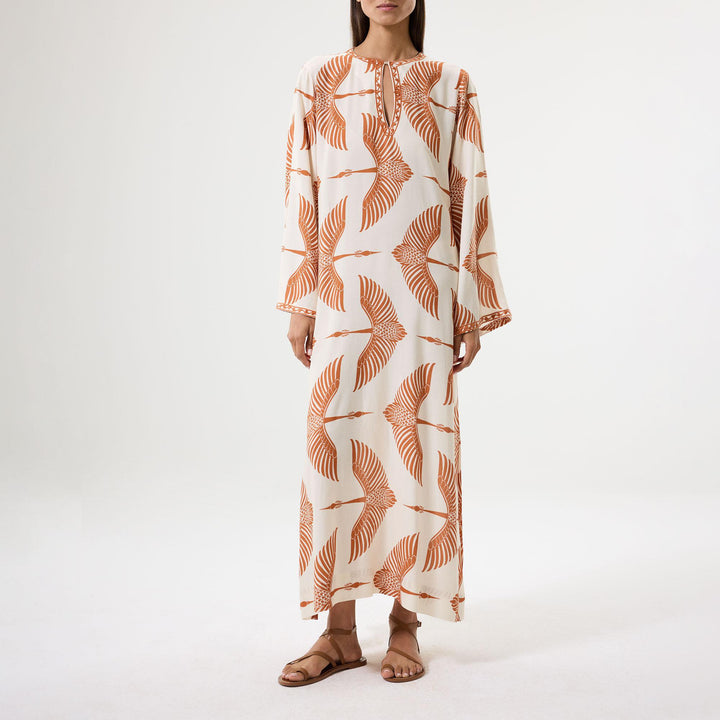 Wings Nakışlı Uzun Kaftan - Bej/Tarçın