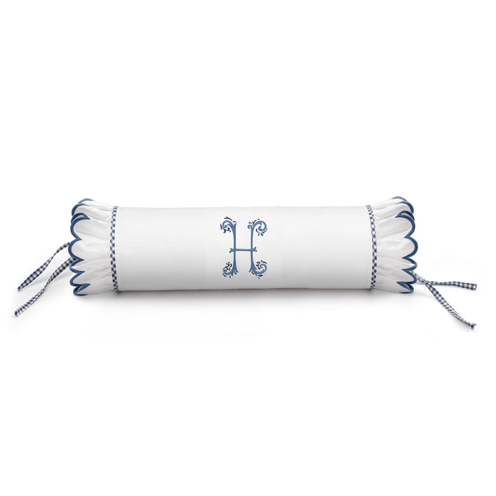 Seferî Flower Garden Bolster Cushion Cover with Monogram Embroidery - Blue
