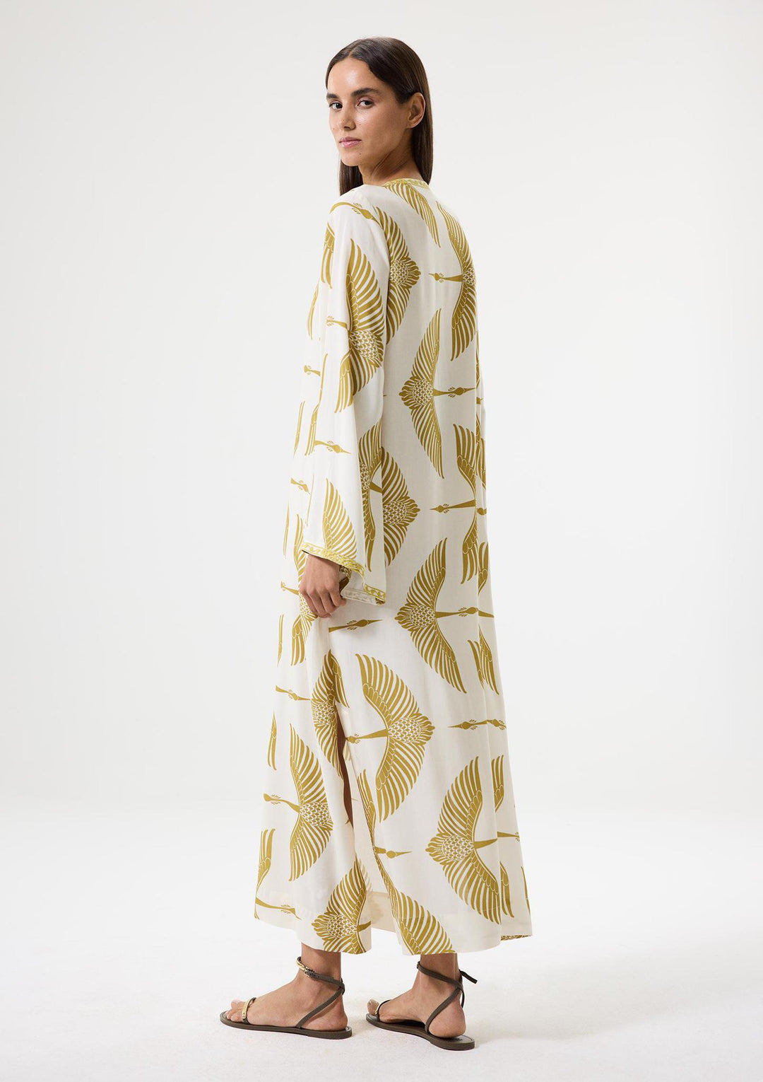 Wings Nakışlı Uzun Kaftan - Bej/Yeşil