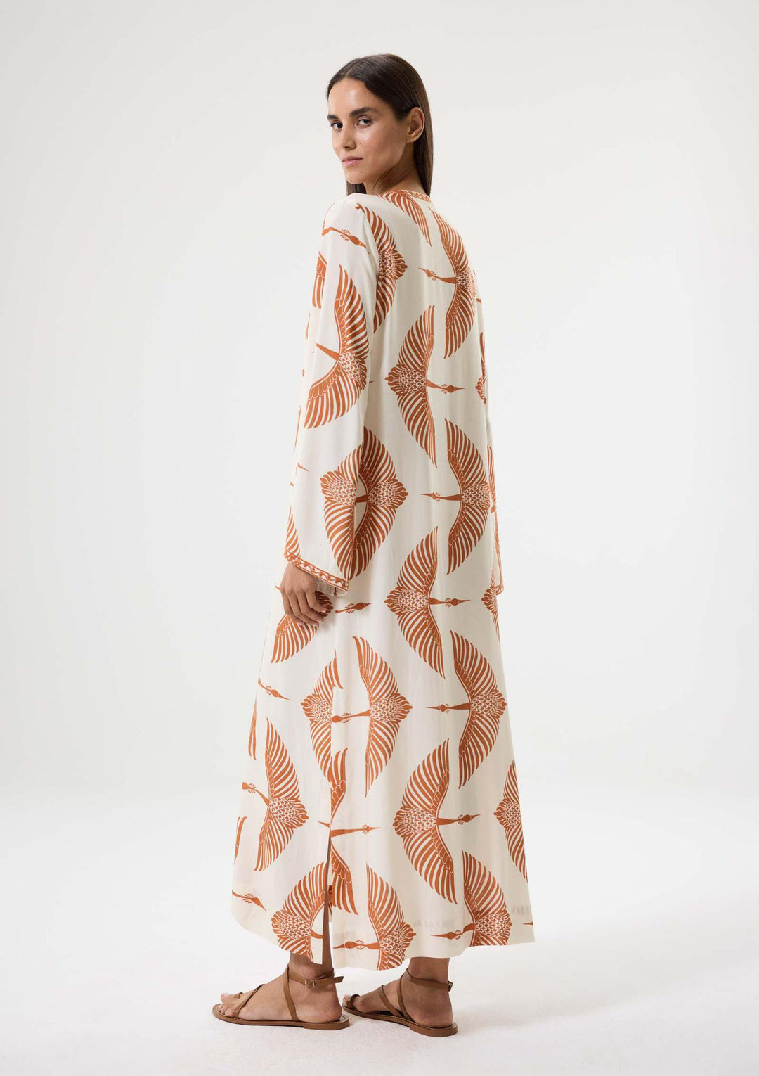 Wings Nakışlı Uzun Kaftan - Bej/Tarçın