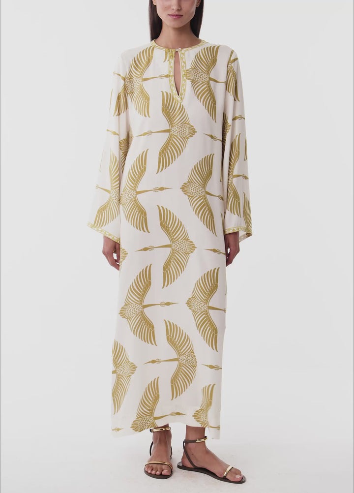 Wings Nakışlı Uzun Kaftan - Bej/Yeşil