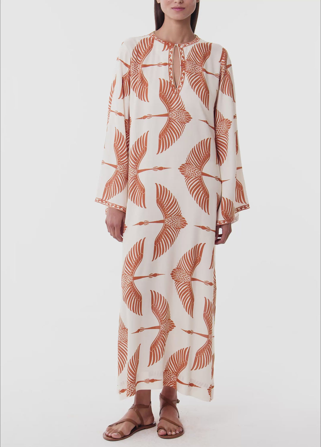 Wings Nakışlı Uzun Kaftan - Bej/Tarçın